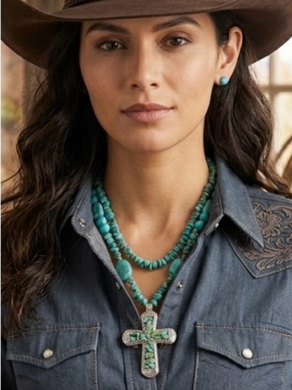 Southwestern Authentic Turquoise Style Chip Layered Necklace Set Cross Pendant - Picture 3 of 9